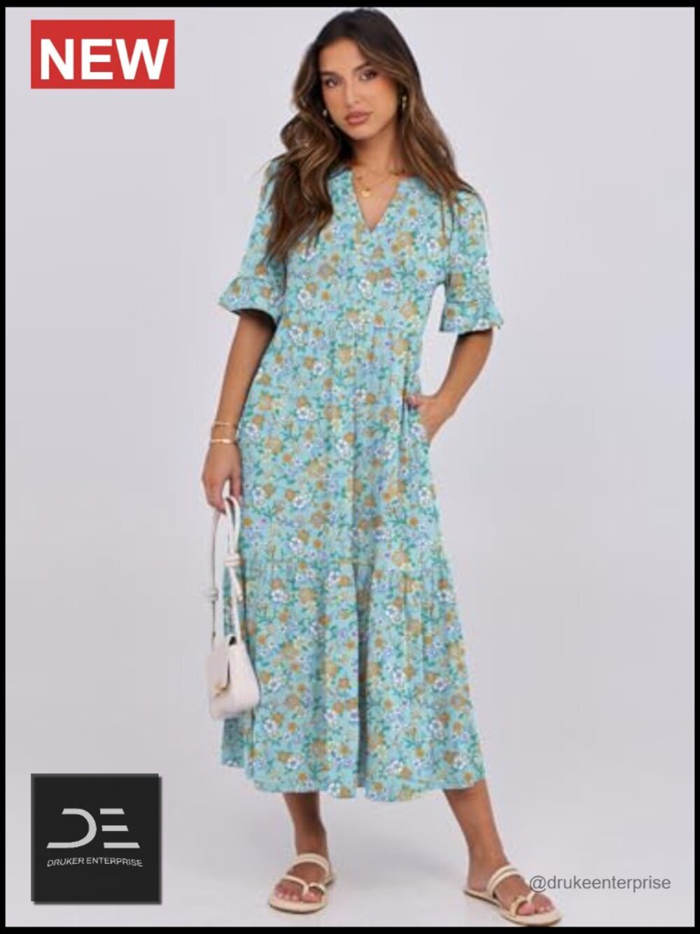 Ruffle Short Sleeve Maxi Dress, V-Neck Tiered with Pockets, Flowey Summer Dress - Picture 2 of 7